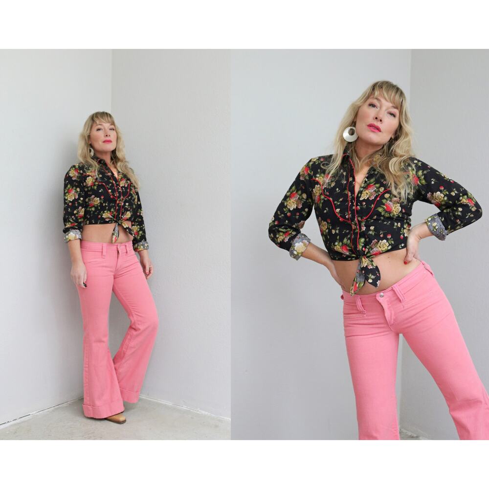 1970's Vintage Maverick Salmon Pink Low Rise Bell Bottoms Pants ~ Women's XXS XS
